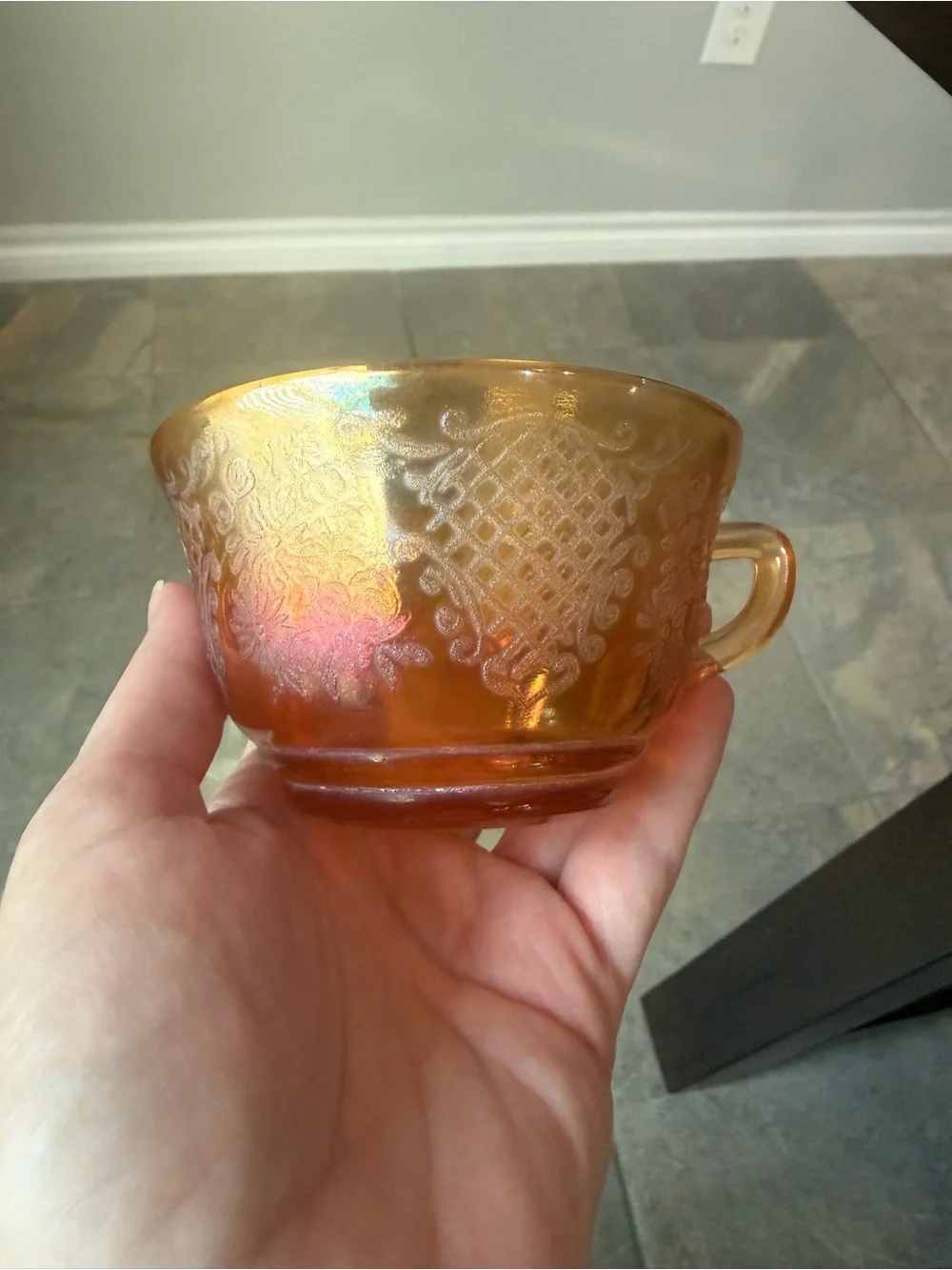 3 pc Vintage Federal Carnival Glass Normandie Bouquet Marigold Iridescent Cups